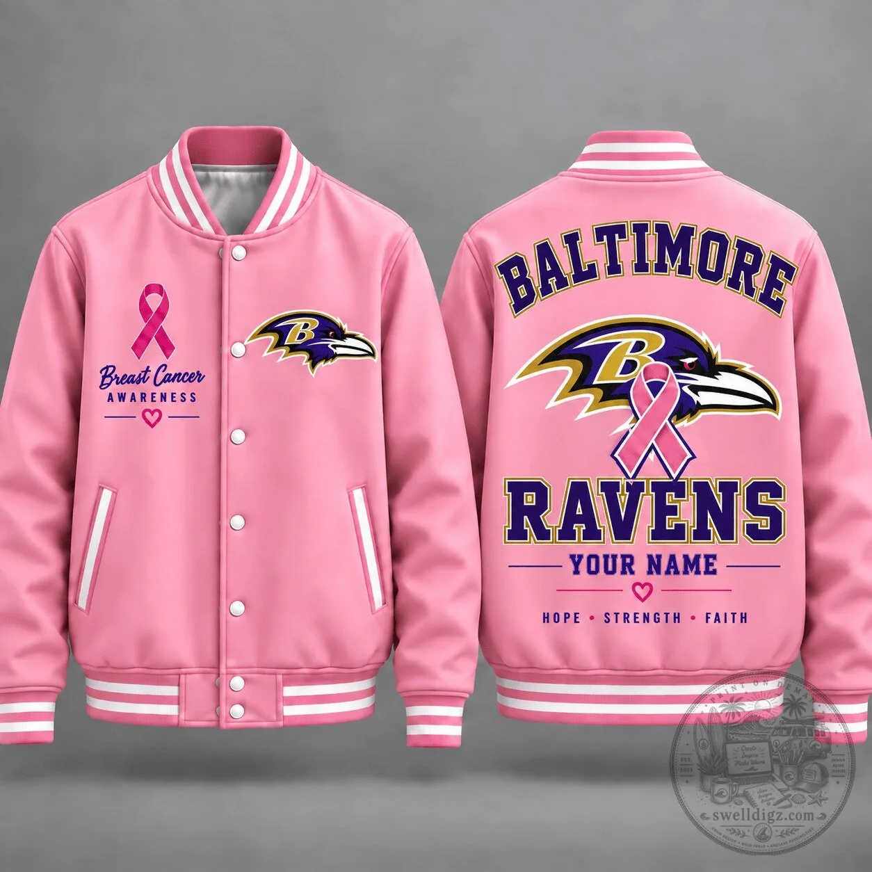 Baltimore Ravens Breast Cancer Awareness Pink Personalized Varsity Jacket