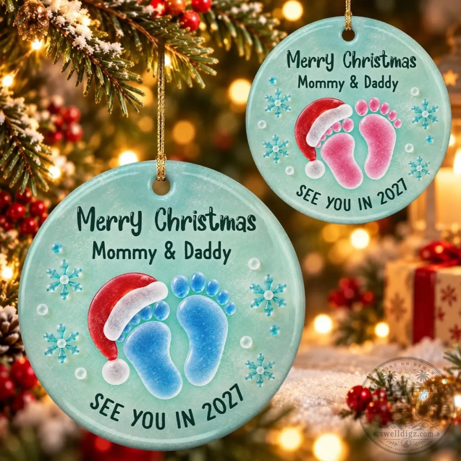 Personalized Merry Christmas Mommy and Daddy Baby Footprints Ornament