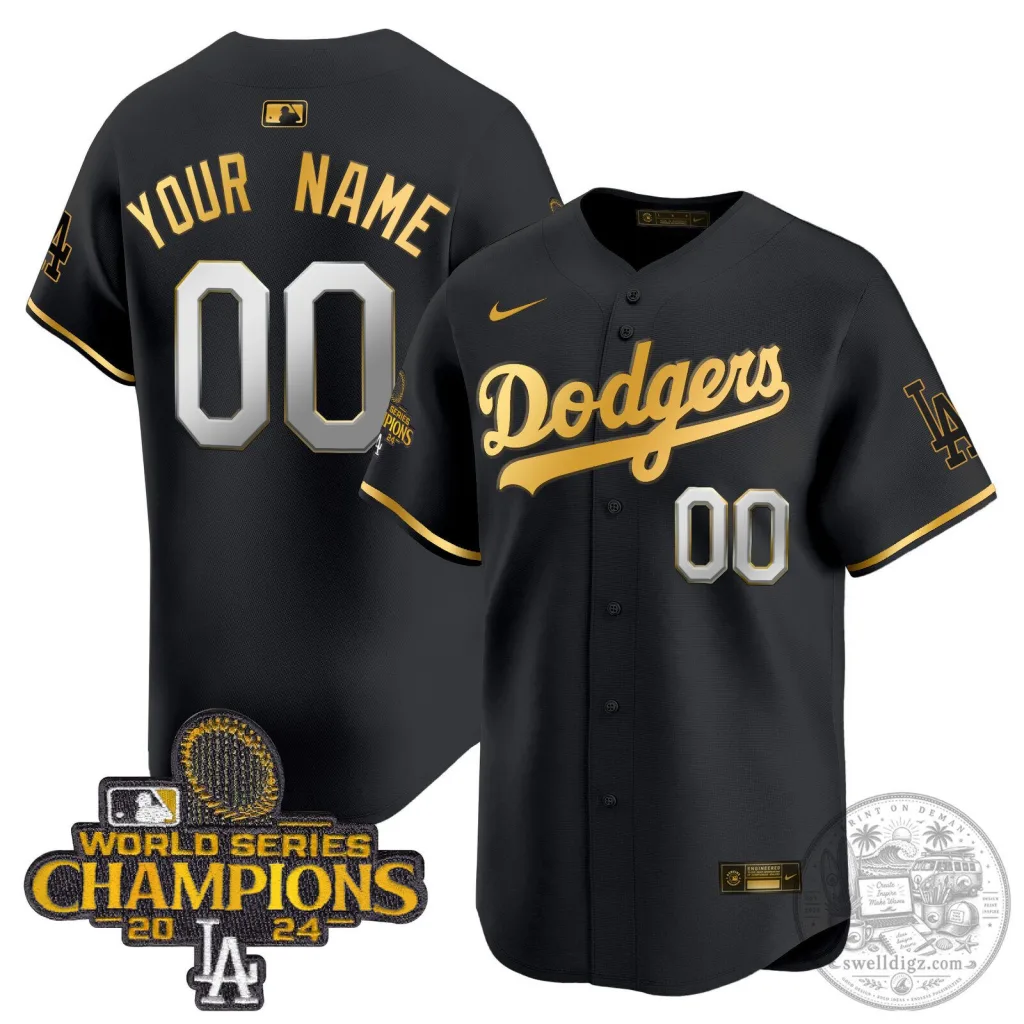 Dodgers 2024 World Series Champions Black Gold Trim Baseball Jersey 45 Dodgers 2024 World Series Champions Black Gold Trim Baseball Jersey
