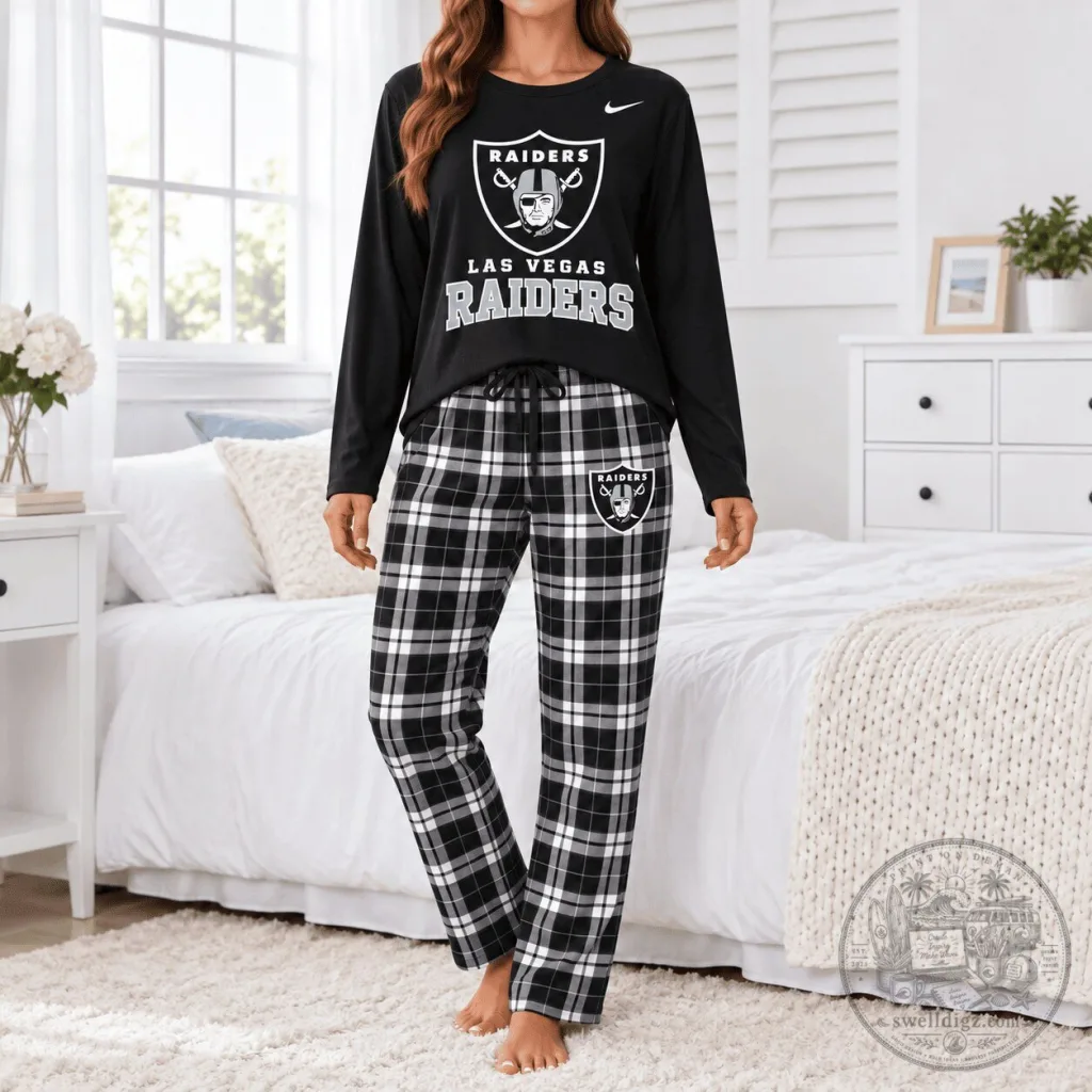 Las Vegas Raiders Black Plaid Long Sleeve Shirt and Pants Pajama Set Las Vegas Raiders Black Plaid Long Sleeve Shirt and Pants Pajama Set