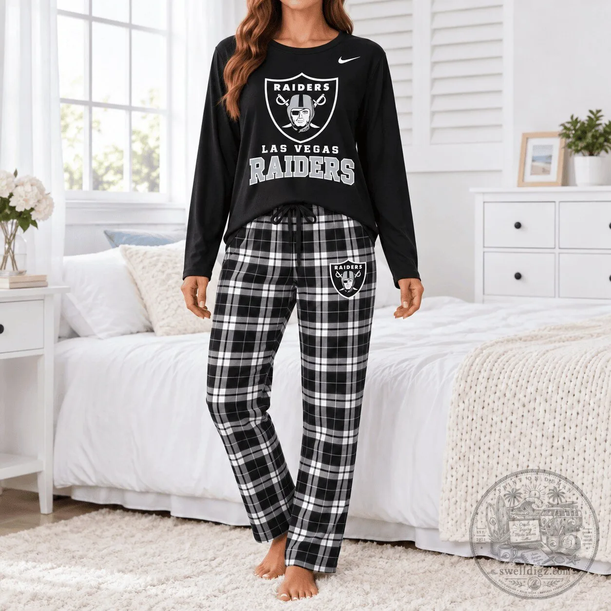 Las Vegas Raiders Black Plaid Long Sleeve Shirt and Pants Pajama Set