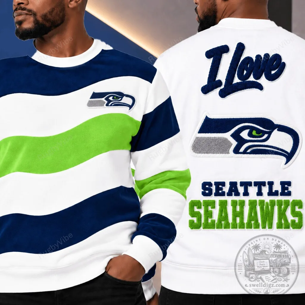 Seattle Seahawks Football Team Striped Logo Embroidered Crewneck Sweatshirt Seattle Seahawks Football Team Striped Logo Embroidered Crewneck Sweatshirt