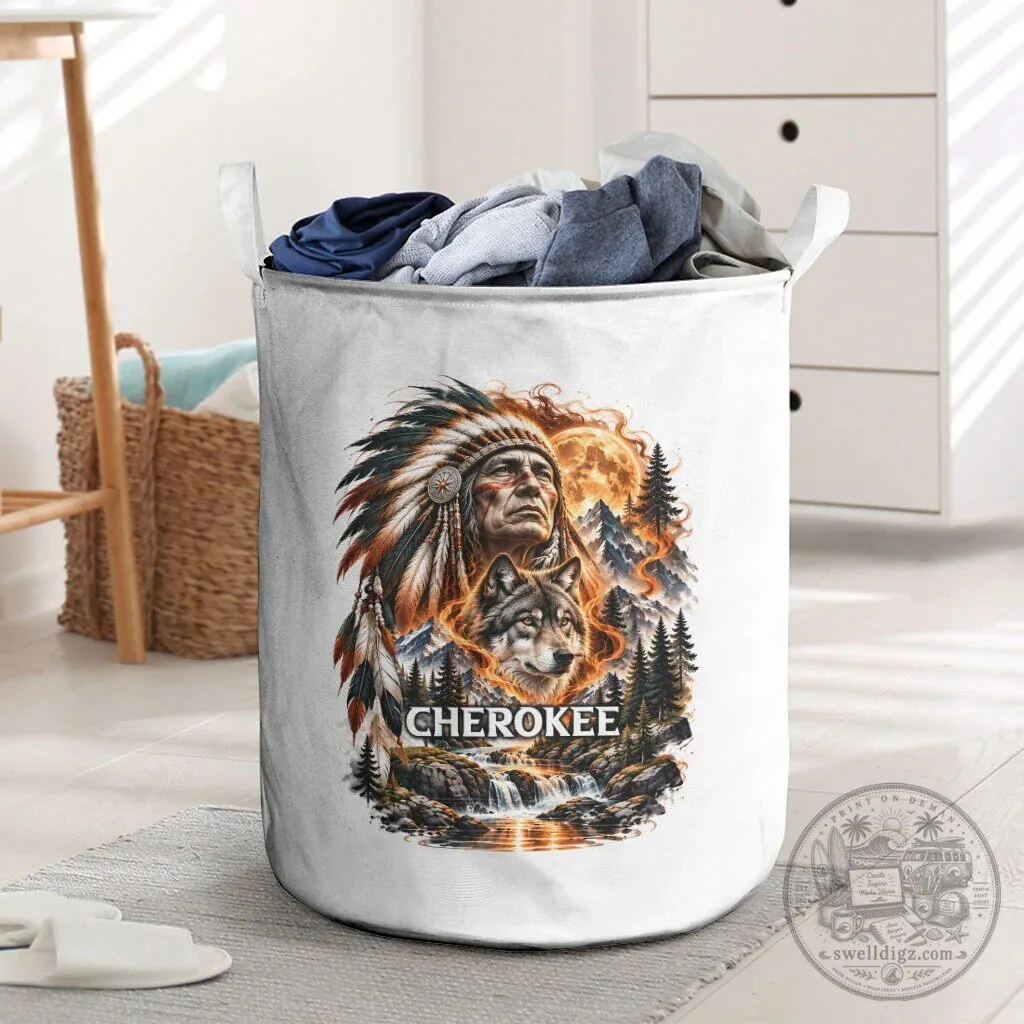 Cherokee Native American Chief And Wolf Tribal Nature Landscape Laundry Basket