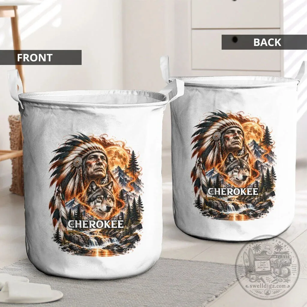 Cherokee Native American Chief And Wolf Tribal Nature Landscape Laundry Basket 6 Cherokee Native American Chief And Wolf Tribal Nature Landscape Laundry Basket