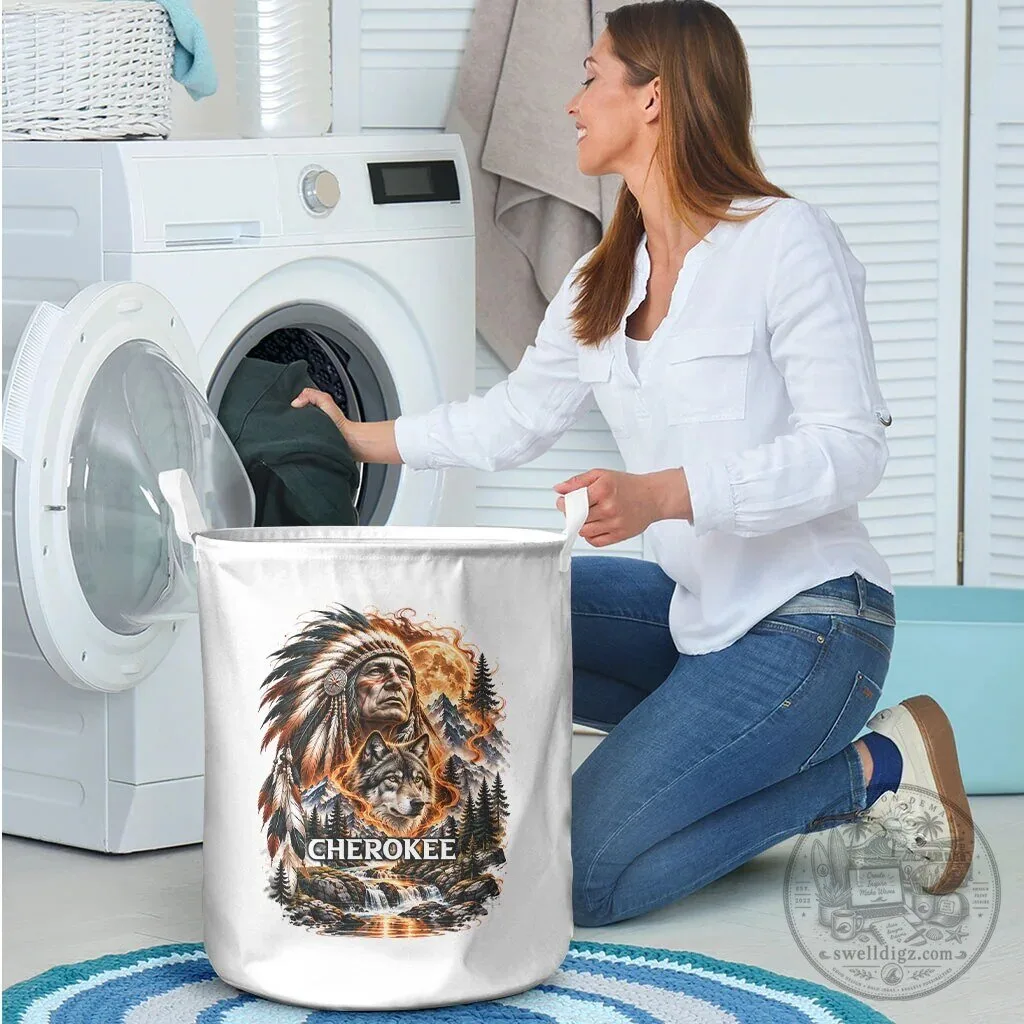 Cherokee Native American Chief And Wolf Tribal Nature Landscape Laundry Basket 8 Cherokee Native American Chief And Wolf Tribal Nature Landscape Laundry Basket