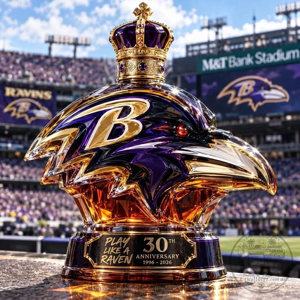 Baltimore Ravens 30th Anniversary Commemorative Decanter with Crown Stopper
