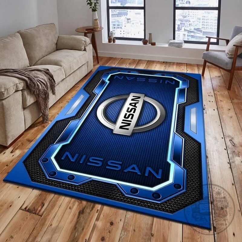 Nissan Car Logo Blue Metallic Design Area Rug for Living Room or Bedroom