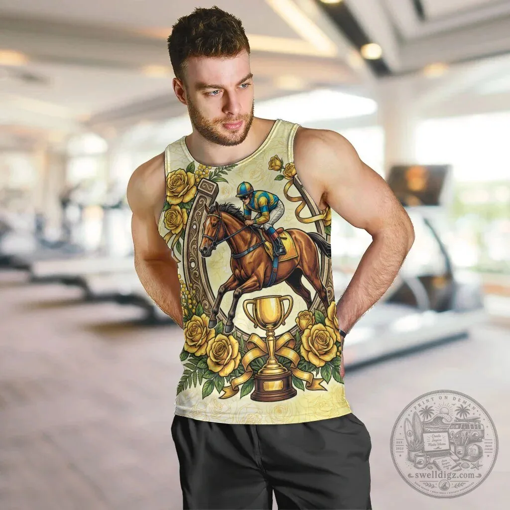 Melbourne Horse Race Yellow Rose Floral Horseshoe Jockey Tank Top