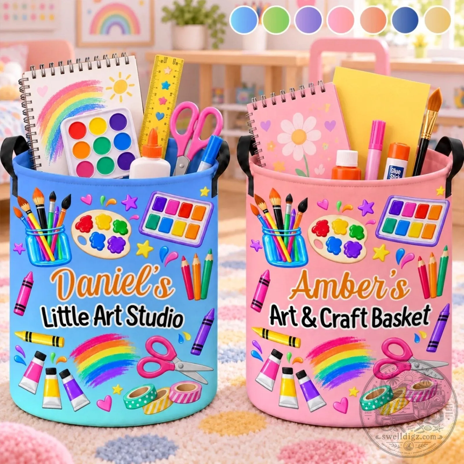 Personalized Kids Art Studio Storage Basket Custom Name Art Supplies Organizer