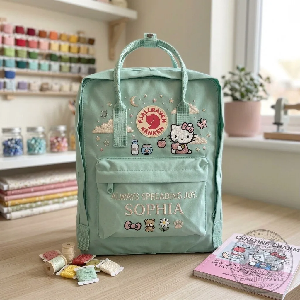 Hello Kitty Embroidered Fjallraven Kanken Backpack Personalized Mint Green