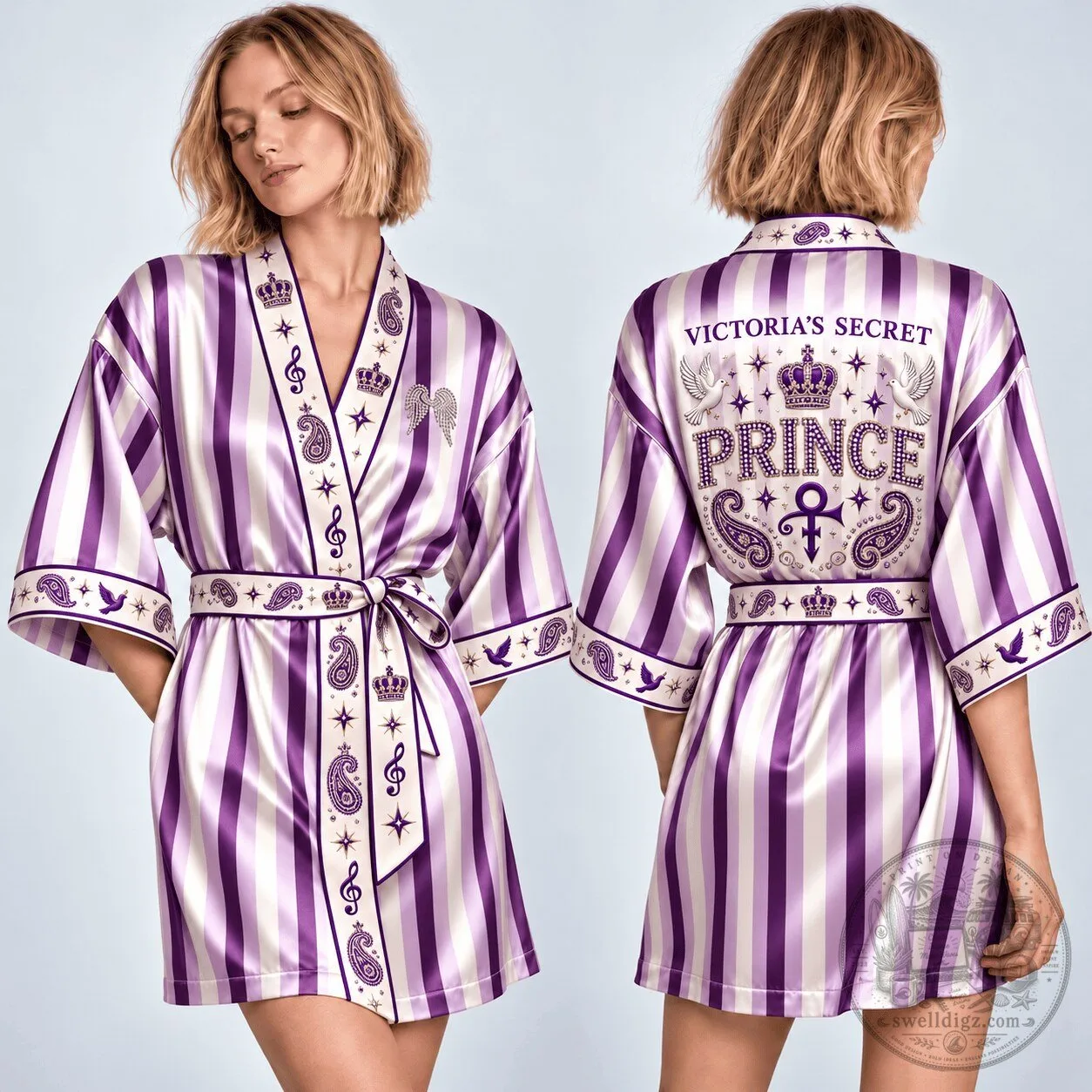 Prince Purple Rain Striped Satin Short Robe for Women