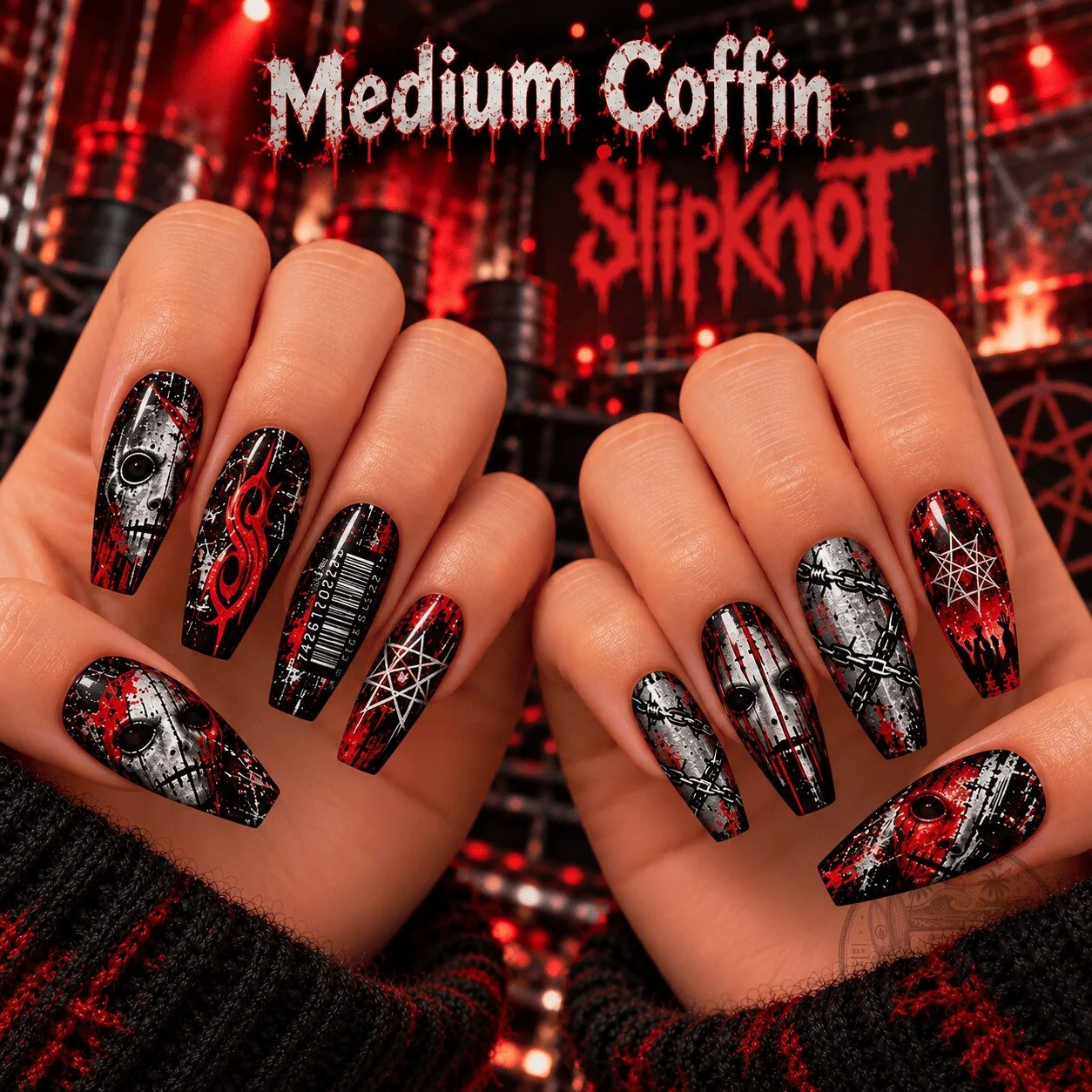 Coffin-Shaped Press-On Nails Set Inspired by Slipknot's Heavy Metal Horror Theme