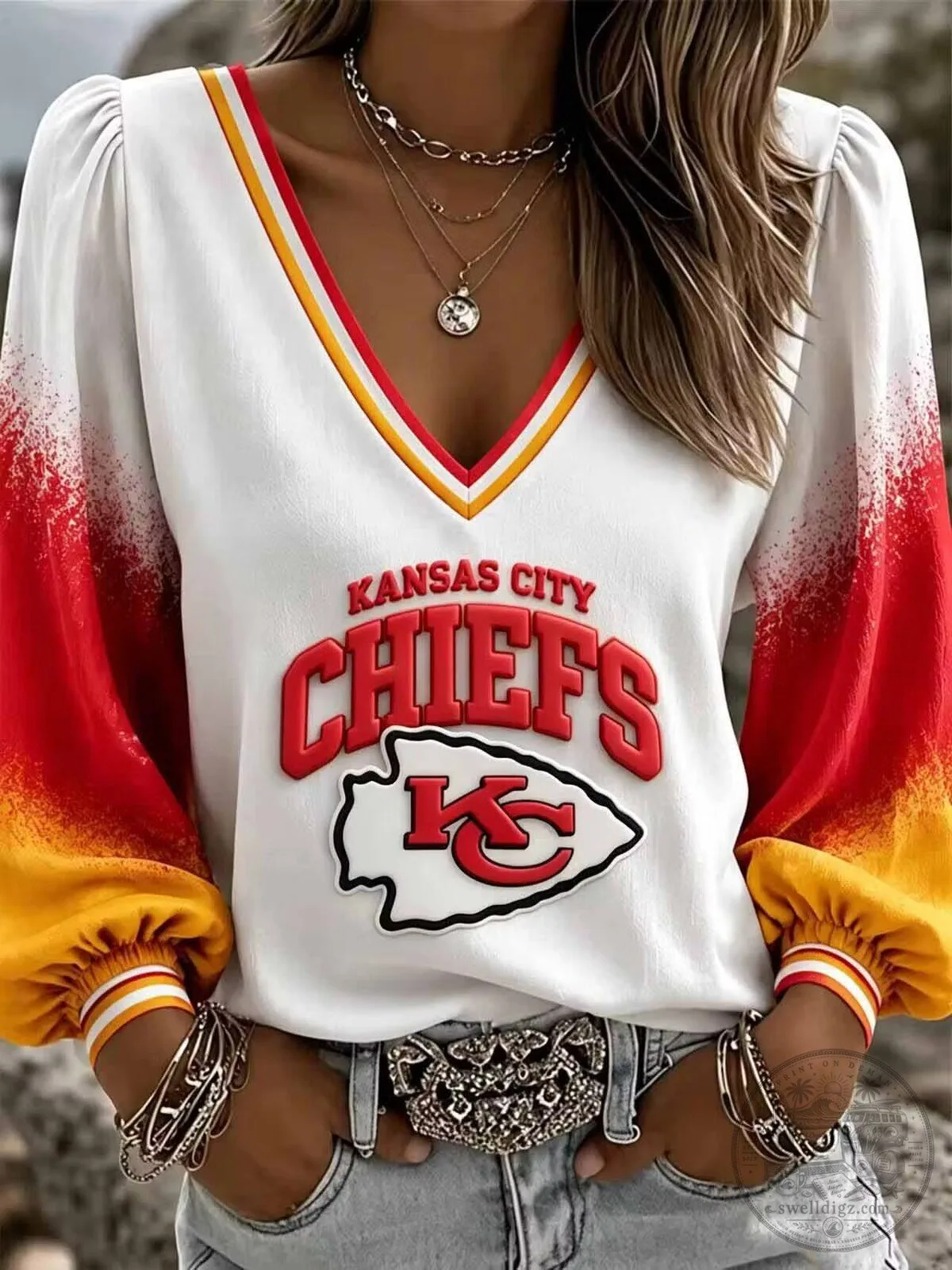 Kansas City Chiefs Women's V-Neck Long Sleeve Football Top