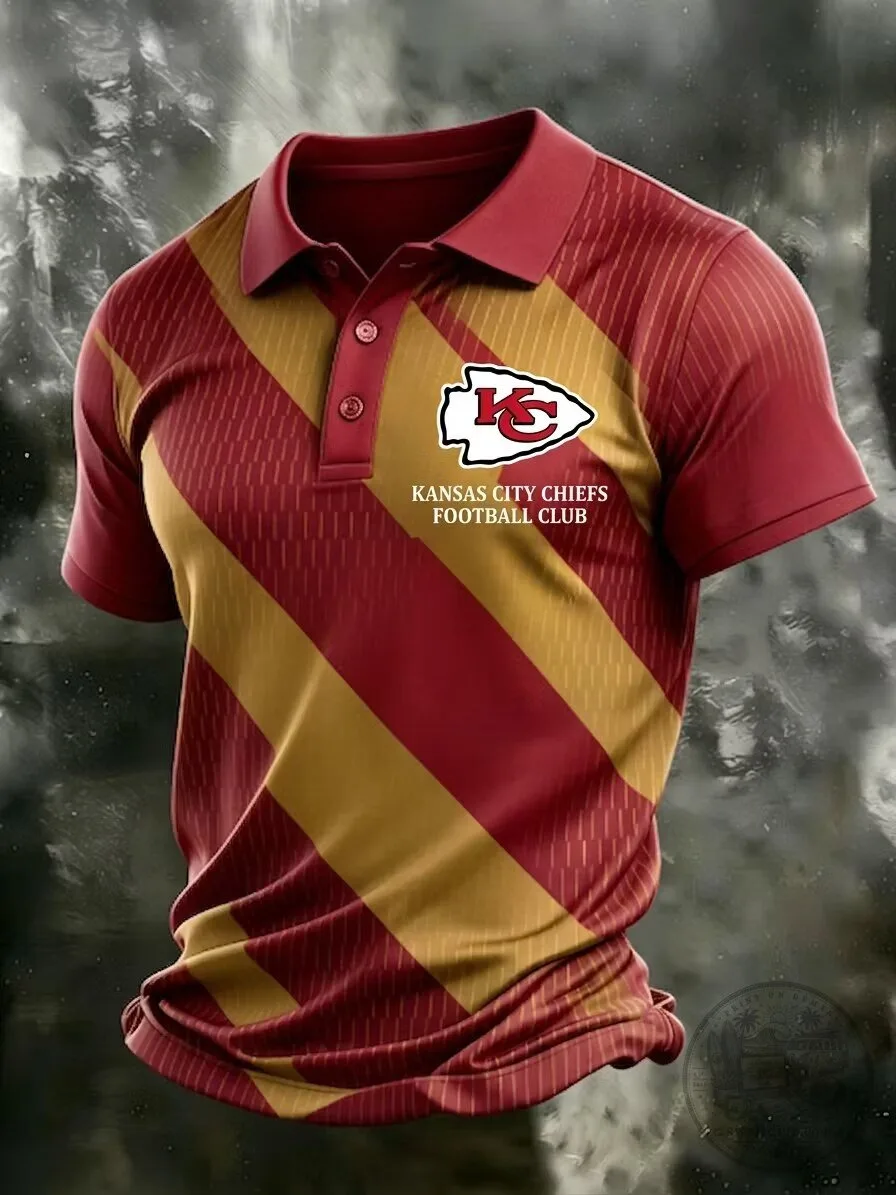 Kansas City Chiefs Football Club Striped Red and Gold Polo Shirt for Men