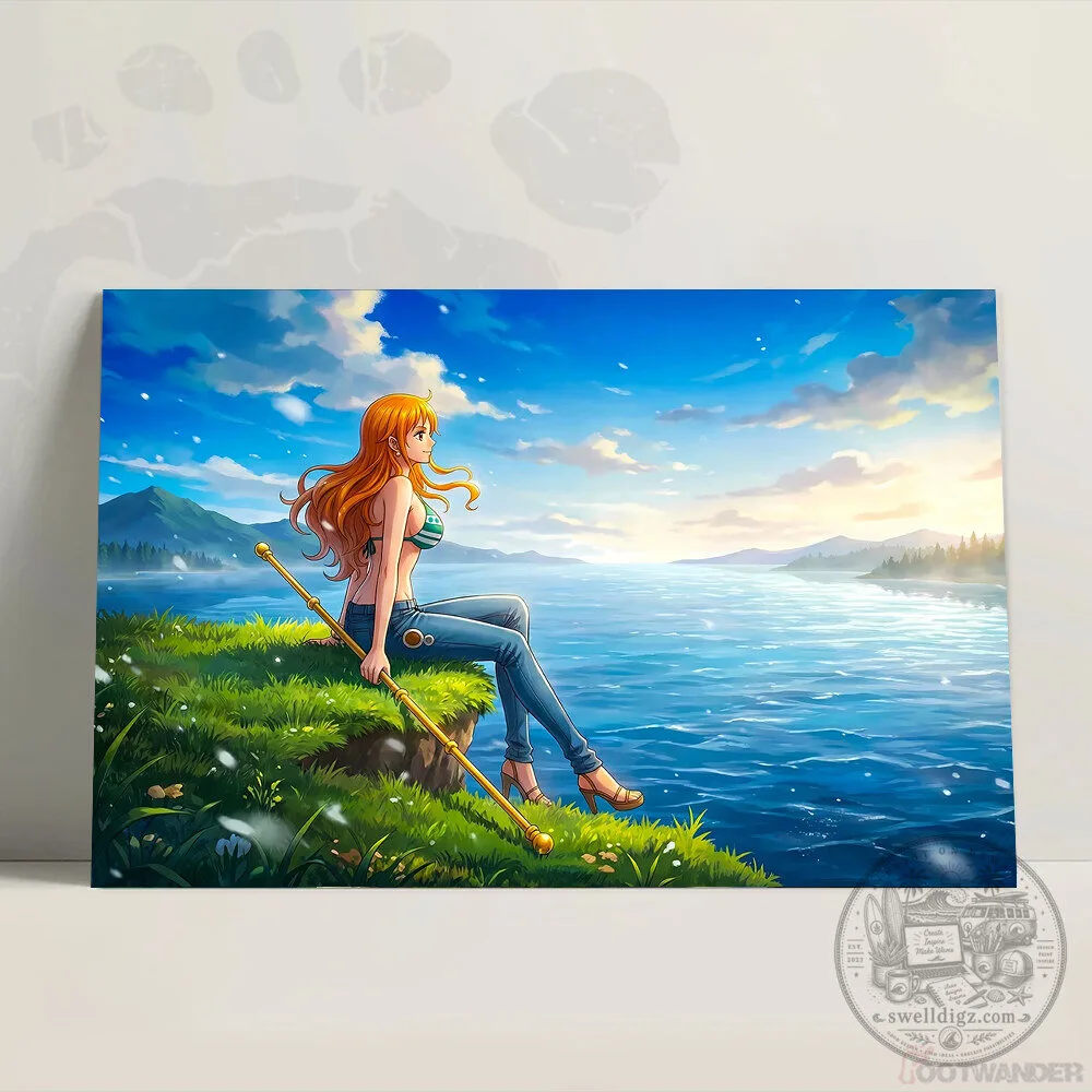 Nami One Piece Anime Manga Character Sitting by the Ocean Canvas Wall Art