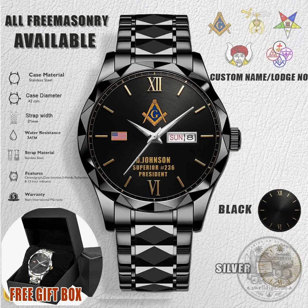 Freemasonry Blue Lodge Custom Engraved Stainless Steel Watch