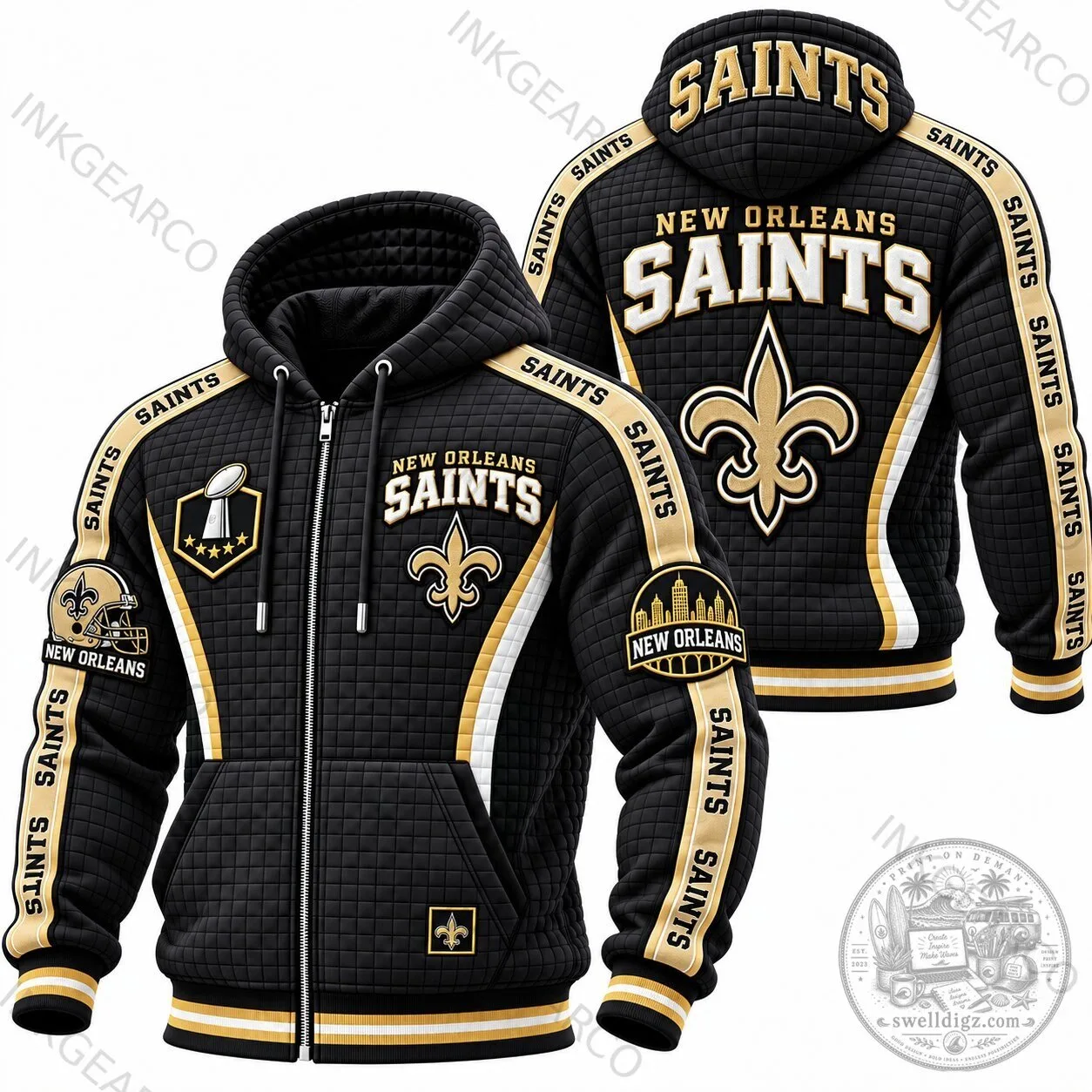 New Orleans Saints NFL Football Team Logo Quilted Zip-Up Hoodie