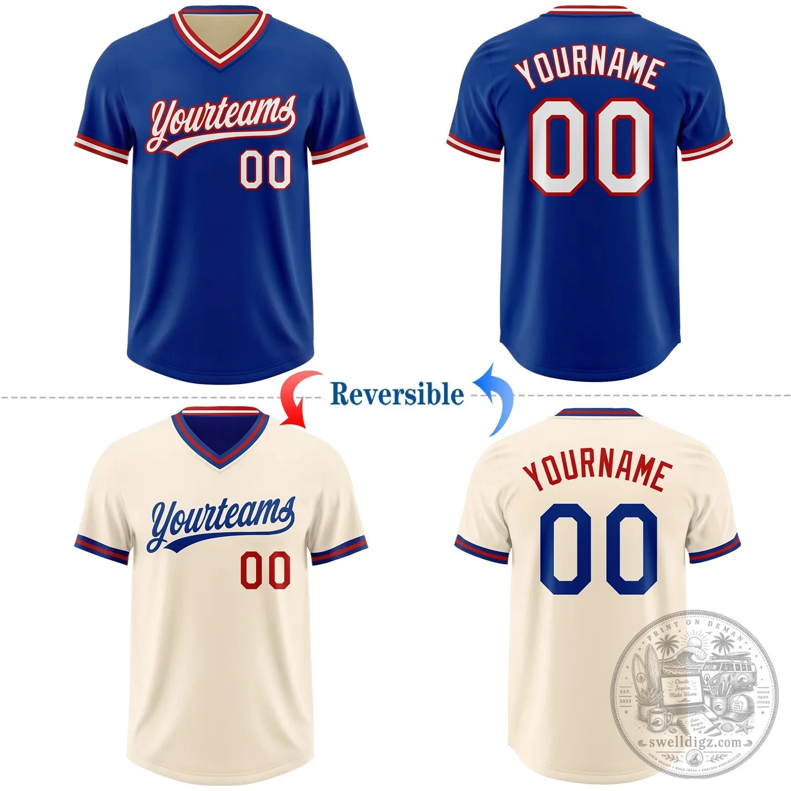 Custom Royal Blue Cream Reversible V-Neck Baseball Jersey Shirt 8 Custom Royal Blue Cream Reversible V-Neck Baseball Jersey Shirt