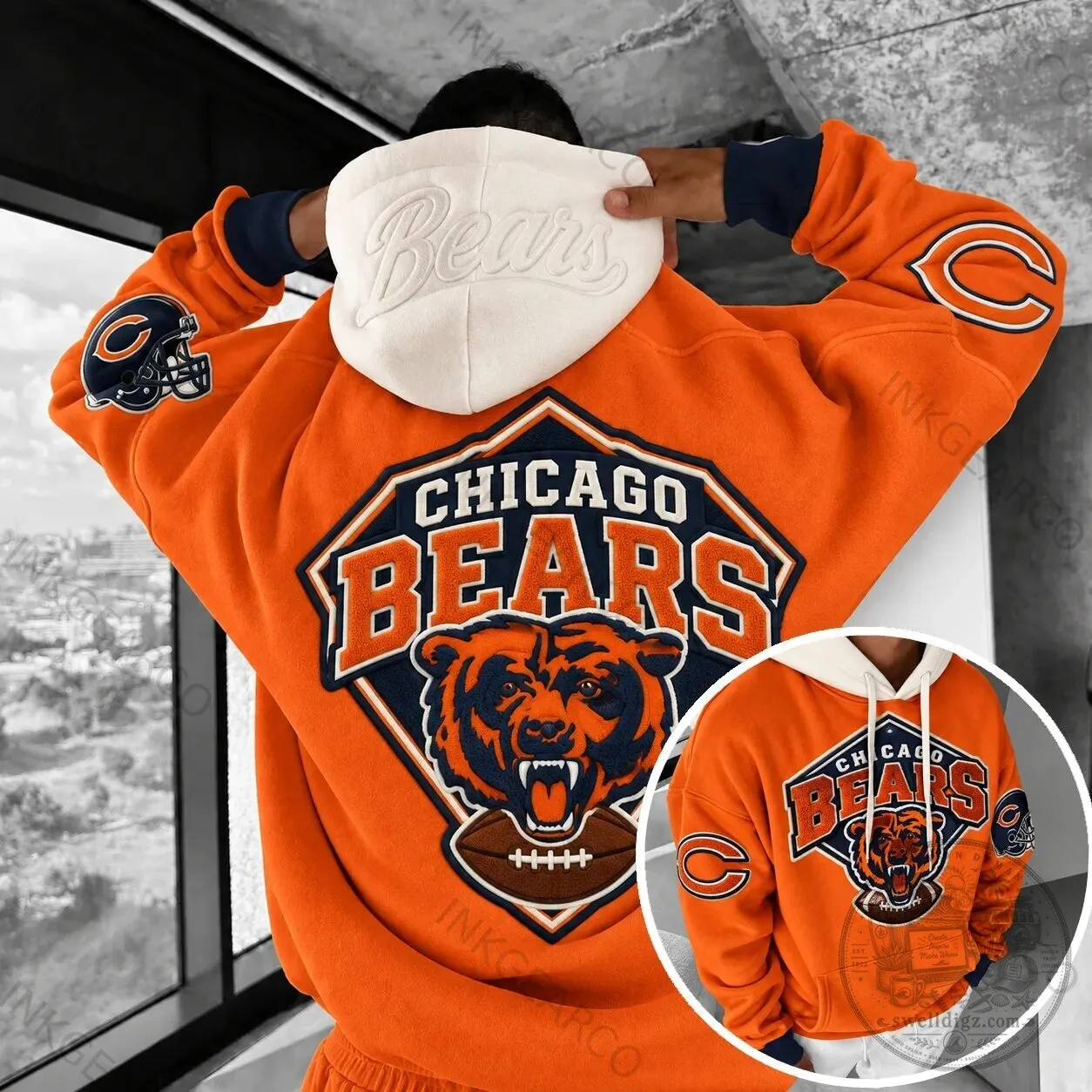 Chicago Bears NFL Football Team Logo Orange and Navy Blue Hoodie
