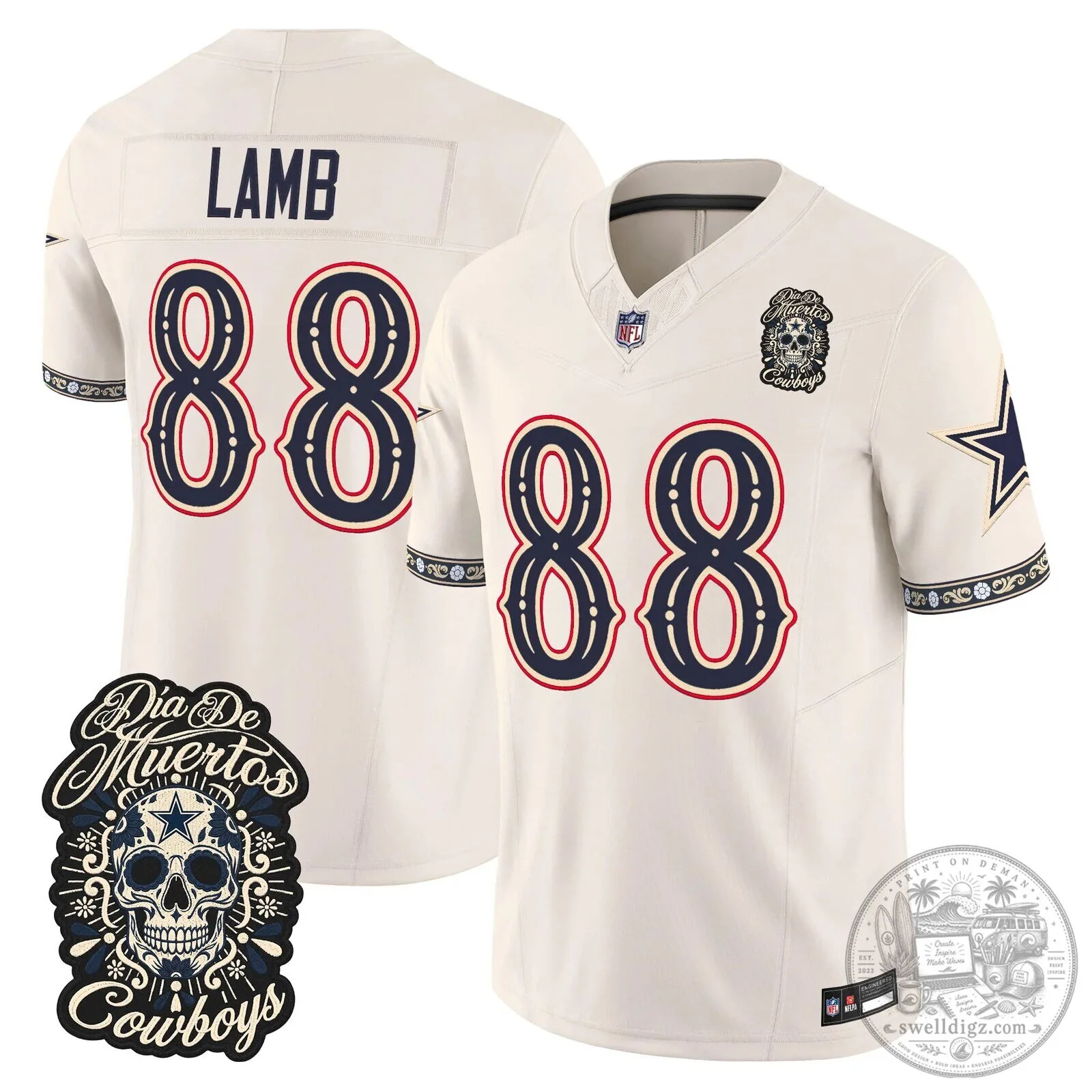 Dallas Cowboys CeeDee Lamb Día de los Muertos Football Jersey 24 Dallas Cowboys CeeDee Lamb Día de los Muertos Football Jersey