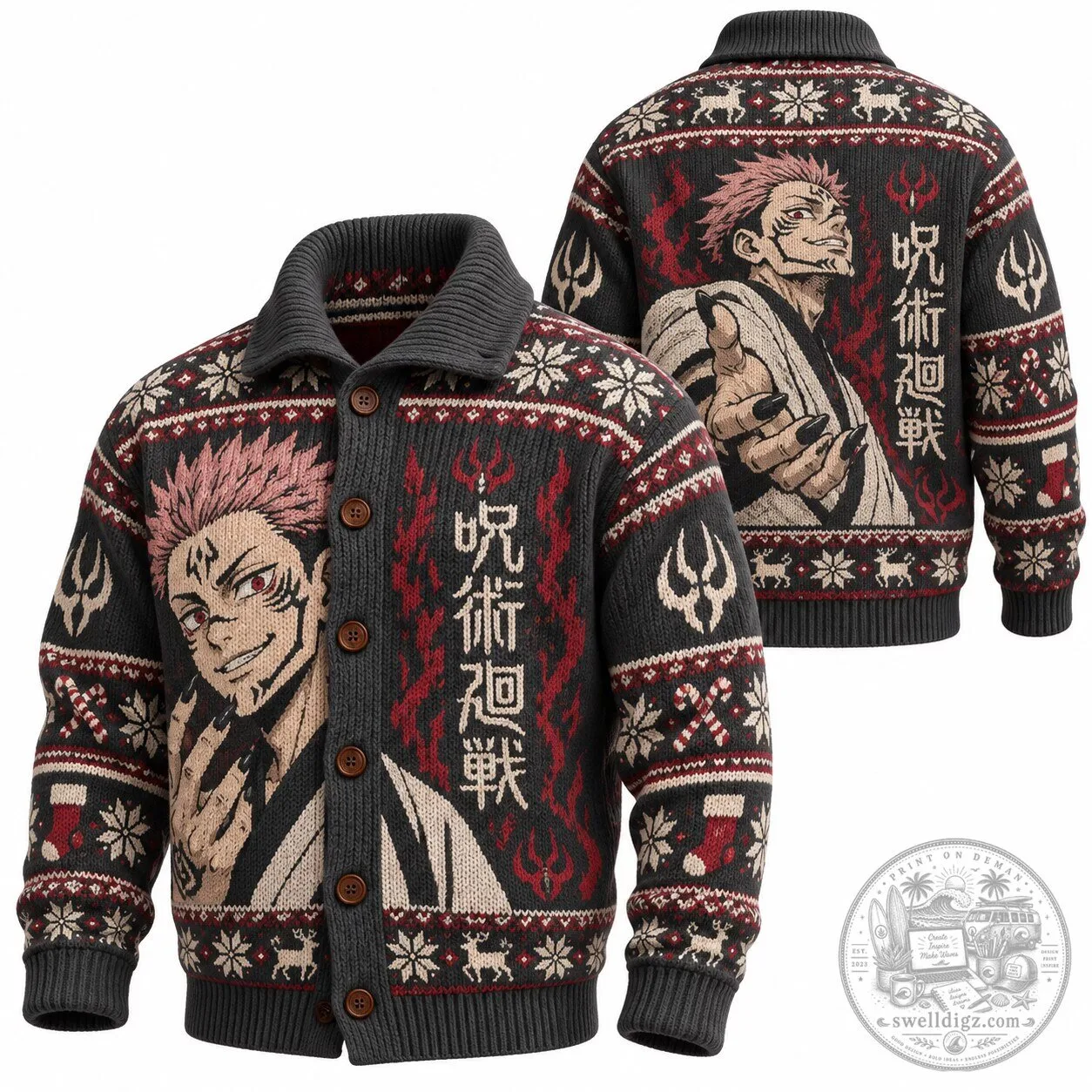 Jujutsu Kaisen Ryomen Sukuna Anime Ugly Christmas Sweater Cardigan