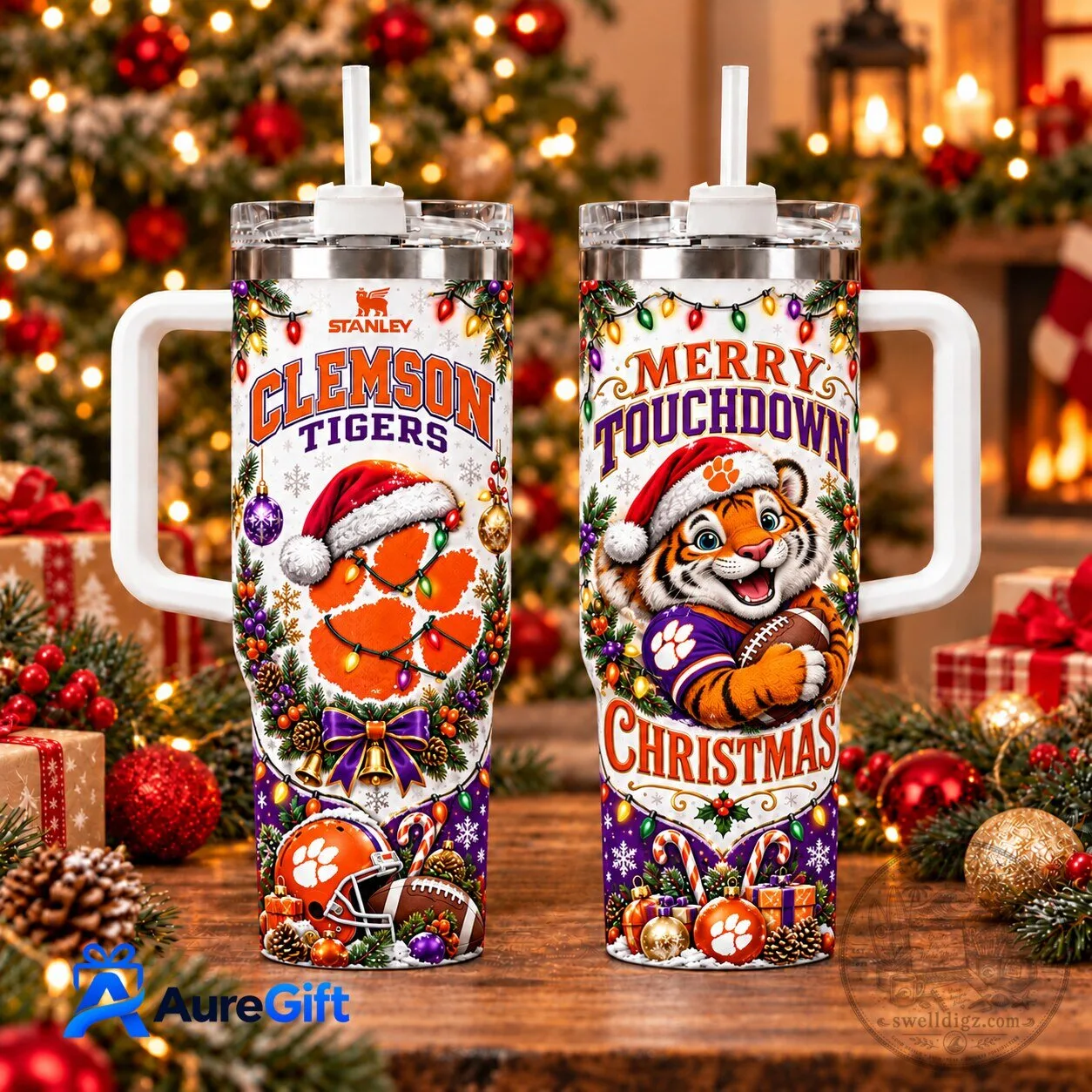 Clemson Tigers Christmas Holiday Football Game Day 40oz Tumbler with Handle