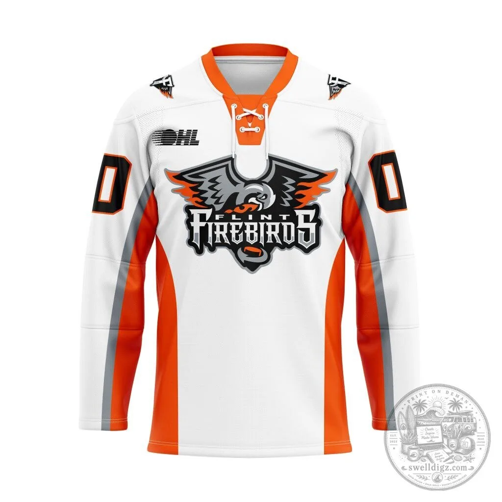 Flint Firebirds Personalized White Lace-Up Hockey Jersey