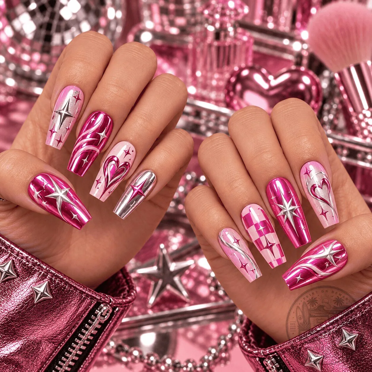 Heart and Star Design Pink Chrome Press-On Nails Set for Girls