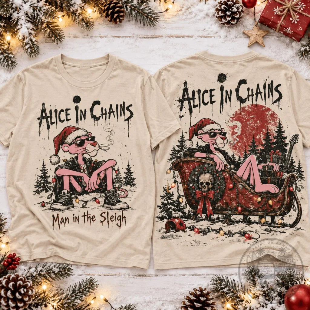 Alice in Chains Pink Panther Man in the Sleigh Christmas T-Shirt Alice in Chains Pink Panther Man in the Sleigh Christmas T-Shirt