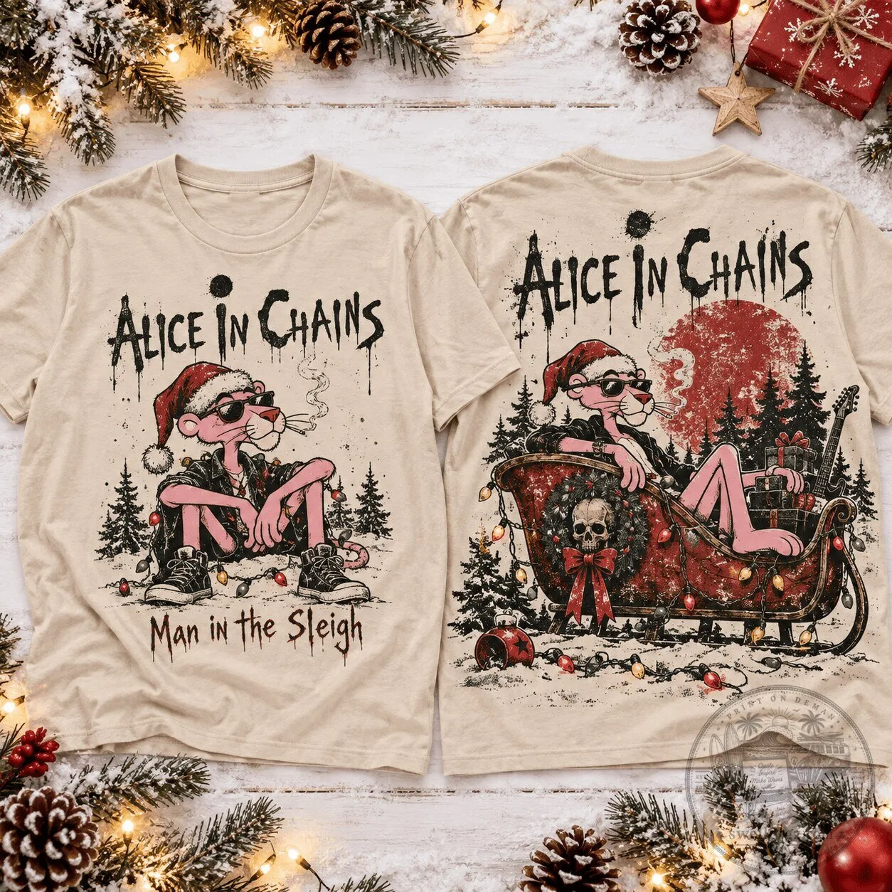 Alice in Chains Pink Panther Man in the Sleigh Christmas T-Shirt 1 Alice in Chains Pink Panther Man in the Sleigh Christmas T-Shirt