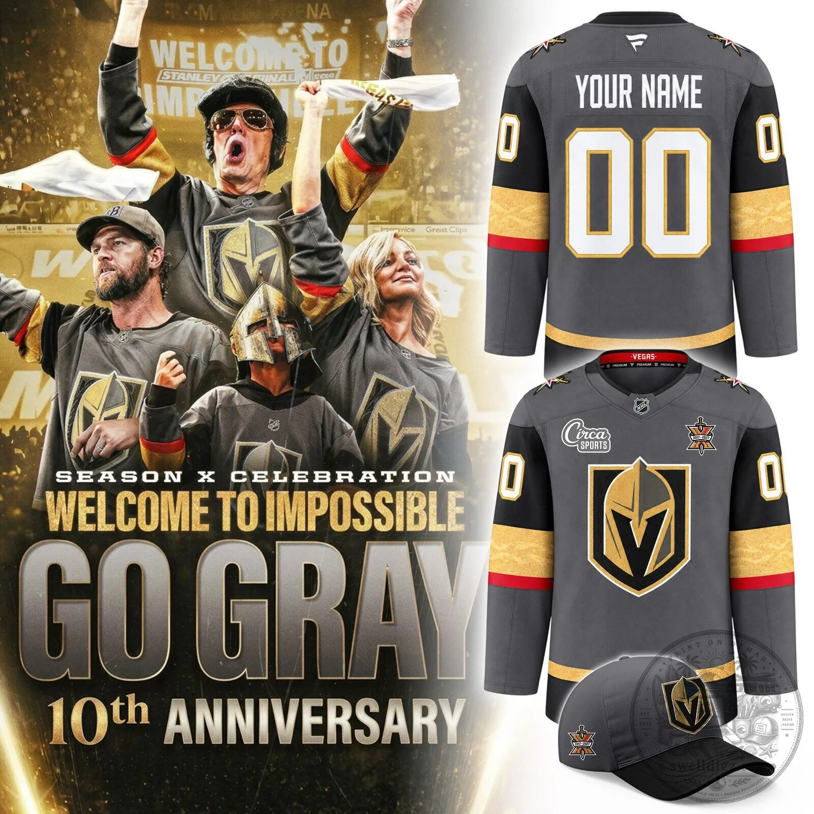 Vegas Golden Knights 10th Anniversary Go Gray Custom Hockey Jersey