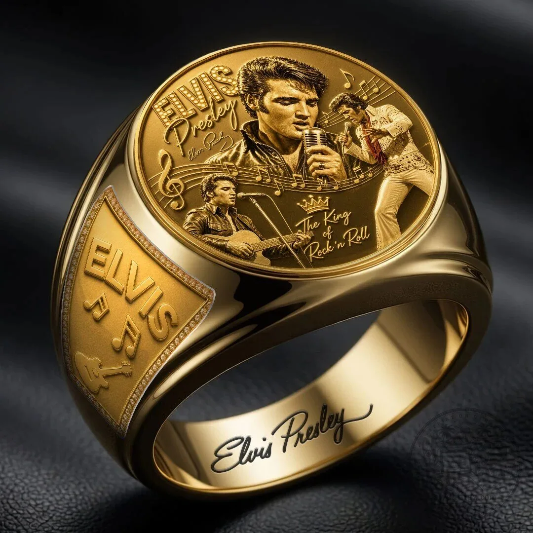 Elvis Presley The King of Rock and Roll Gold Tone Engraved Men's Ring