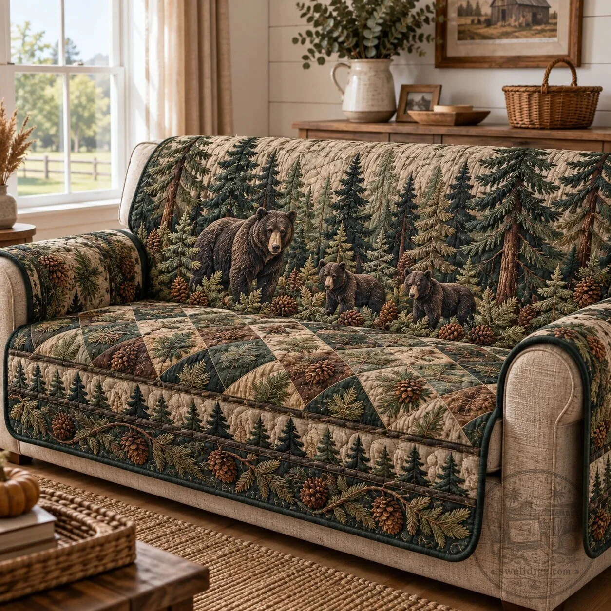 Rustic Forest Bear Family Quilted Sofa Cover Protector for Living Room Decor