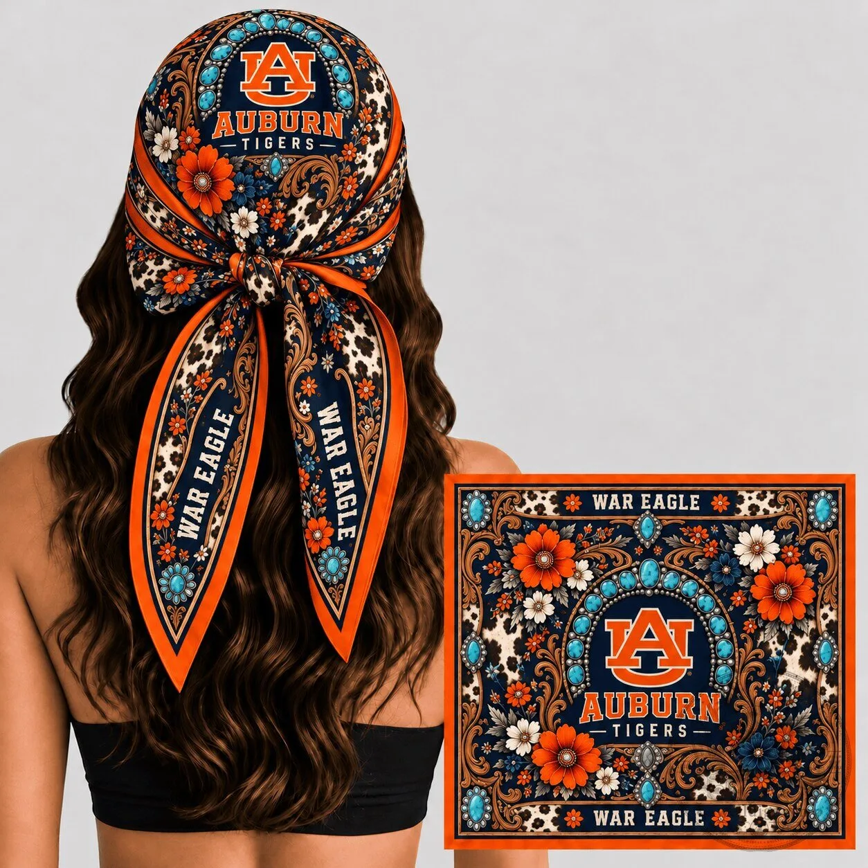 Auburn Tigers Boho Floral Western Pattern Silk Bandana Scarf for Women