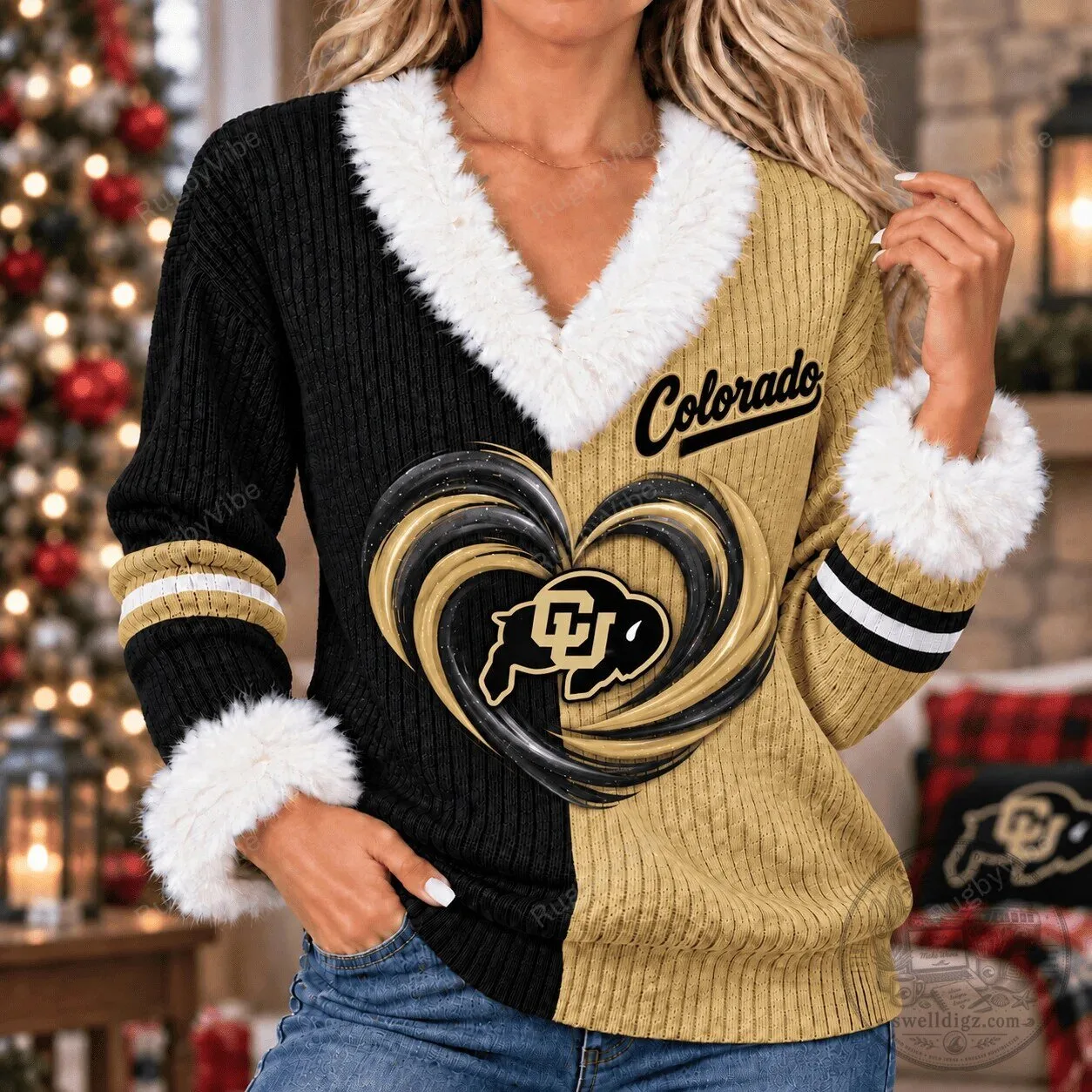 Colorado Buffaloes Heart Logo Black Gold Faux Fur Trim Knitted Sweater