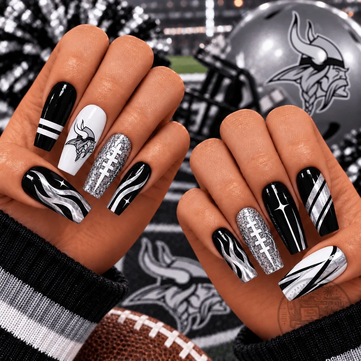 Minnesota Vikings NFL Black Silver Chrome Game Day Football Press-On Nails 1 Minnesota Vikings NFL Black Silver Chrome Game Day Football Press-On Nails