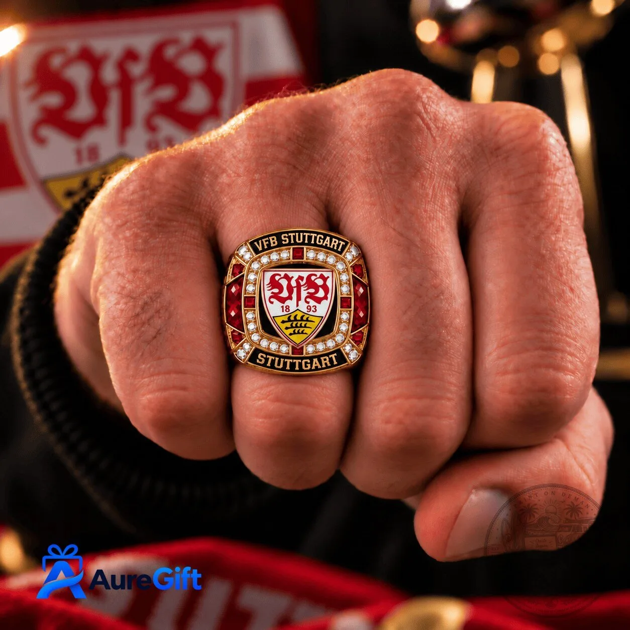 VfB Stuttgart Bundesliga Football Club Personalized Name Ring with Red Gemstones