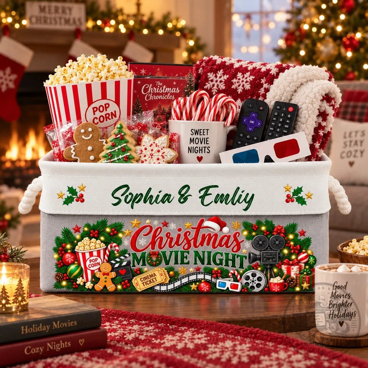 Personalized Christmas Movie Night Fabric Storage Basket with Handles