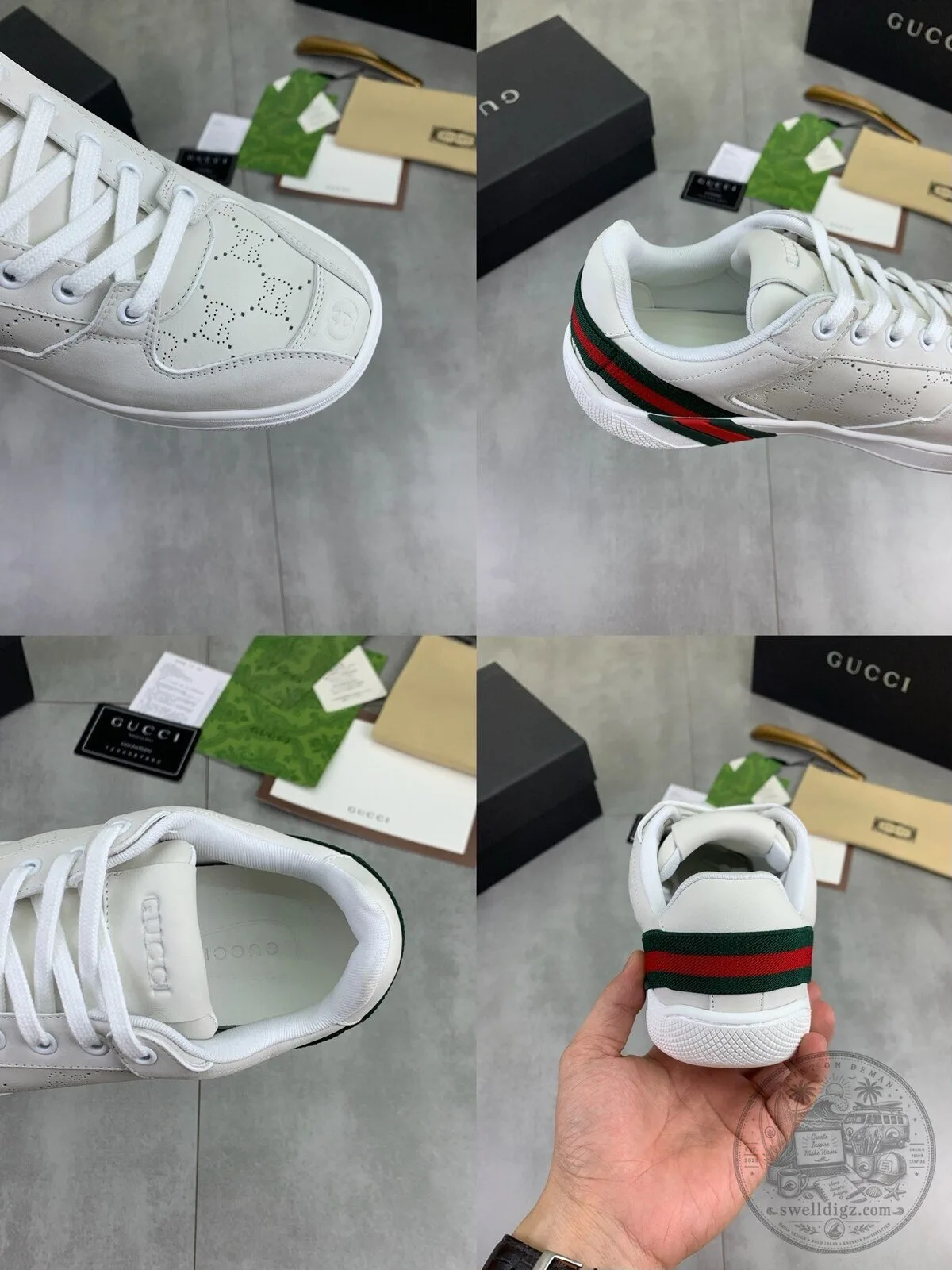 Gucci Low-Top Sneakers in White Leather Featuring Green and Red Web Stripes 8 Gucci Low-Top Sneakers in White Leather Featuring Green and Red Web Stripes