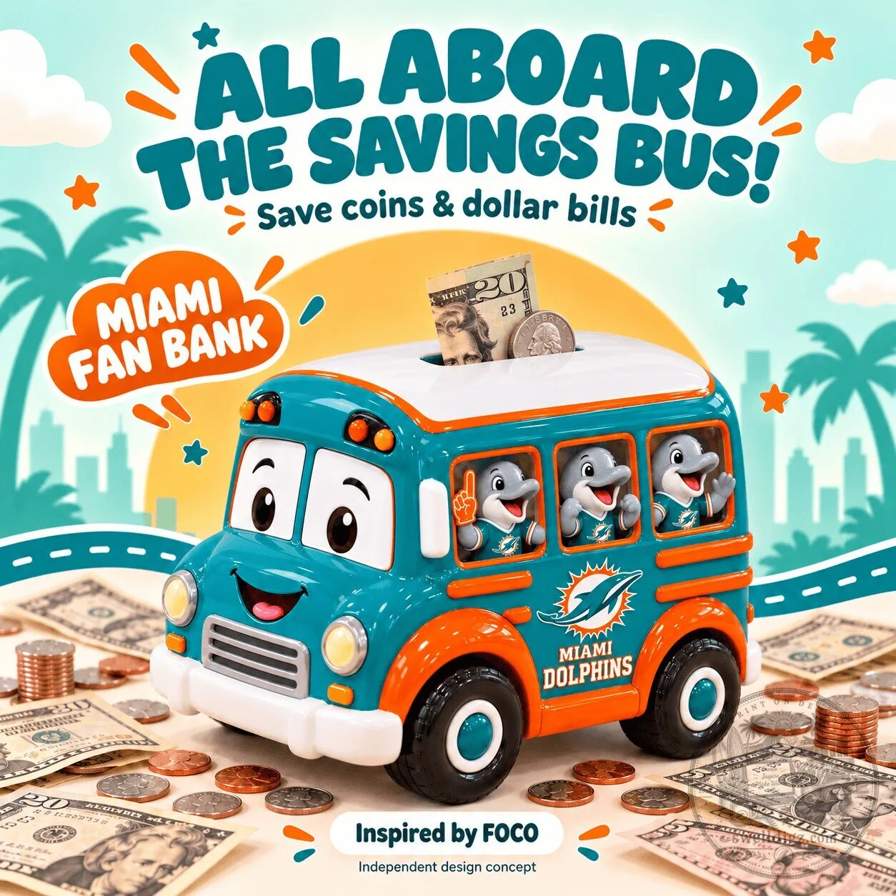 Miami Dolphins All Aboard The Savings Bus Piggy Bank for Coins and Dollar Bills