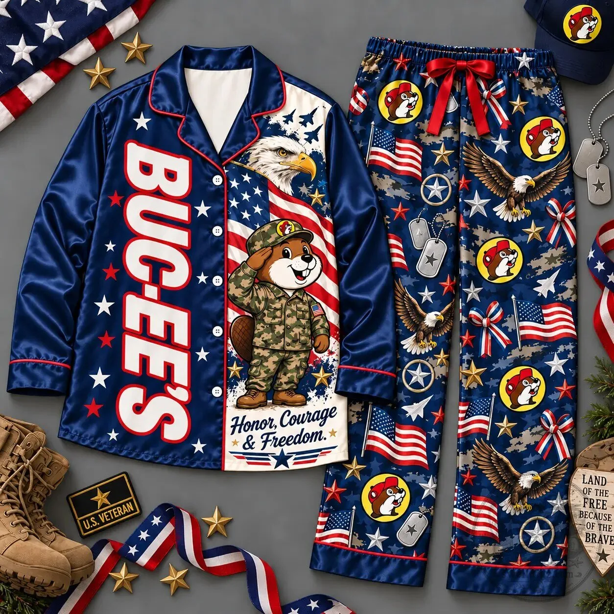 Buc-ee’s Pajamas Set Patriotic Eagle Honor Courage Freedom Long Sleeve