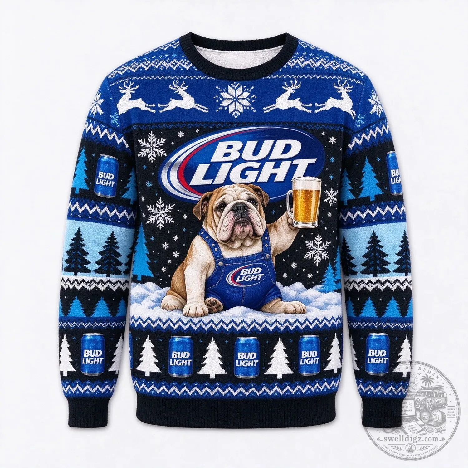 Bud Light Beer Bulldog Christmas Holiday Ugly Sweater