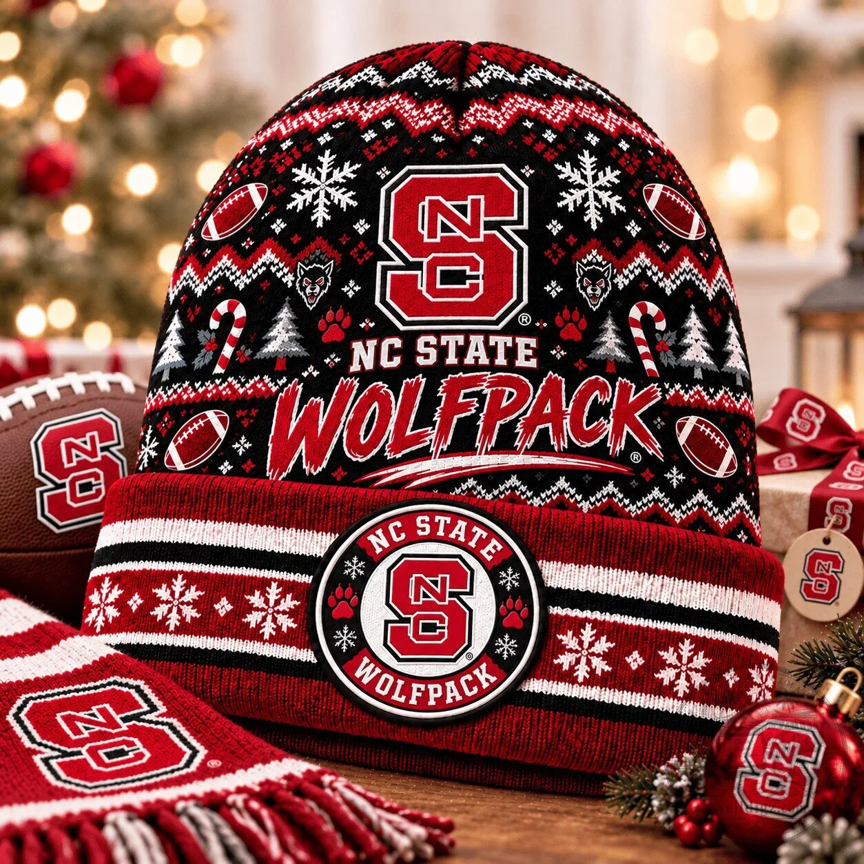 North Carolina State Wolfpack Ugly Christmas Sweater Pattern Beanie Hat