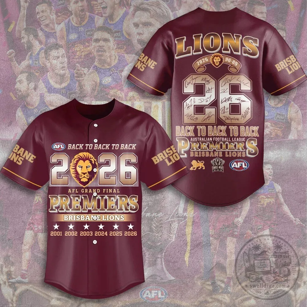 Brisbane Lions Australian Football League Back to Back to Back Premiers Baseball Jersey