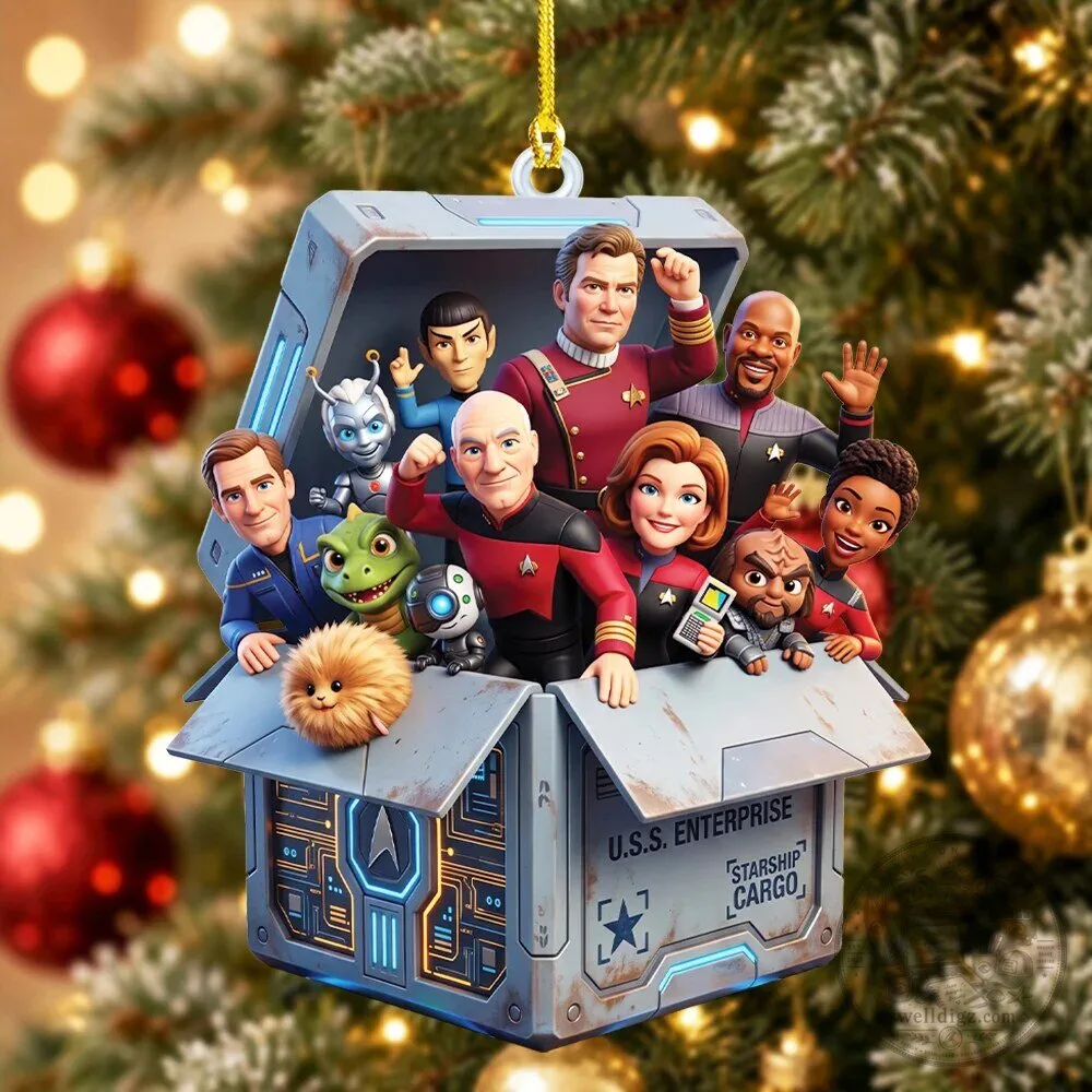 Star Trek Christmas Tree Ornament with Enterprise Starship Cargo Box Design