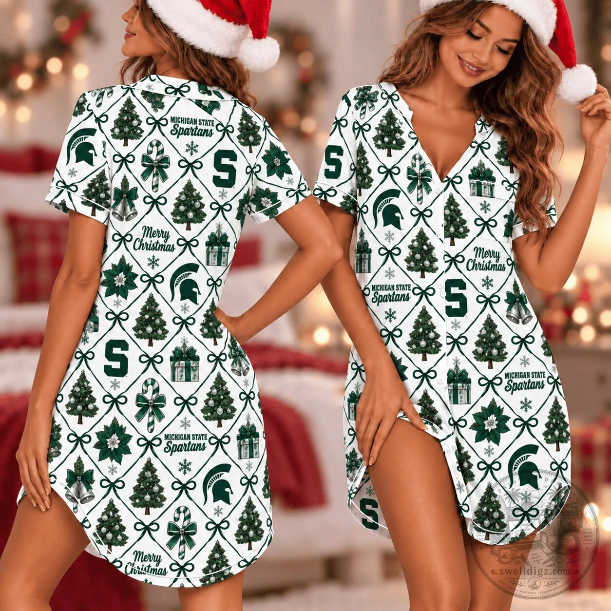 Michigan State Spartans Christmas Tree Pattern Nightgown