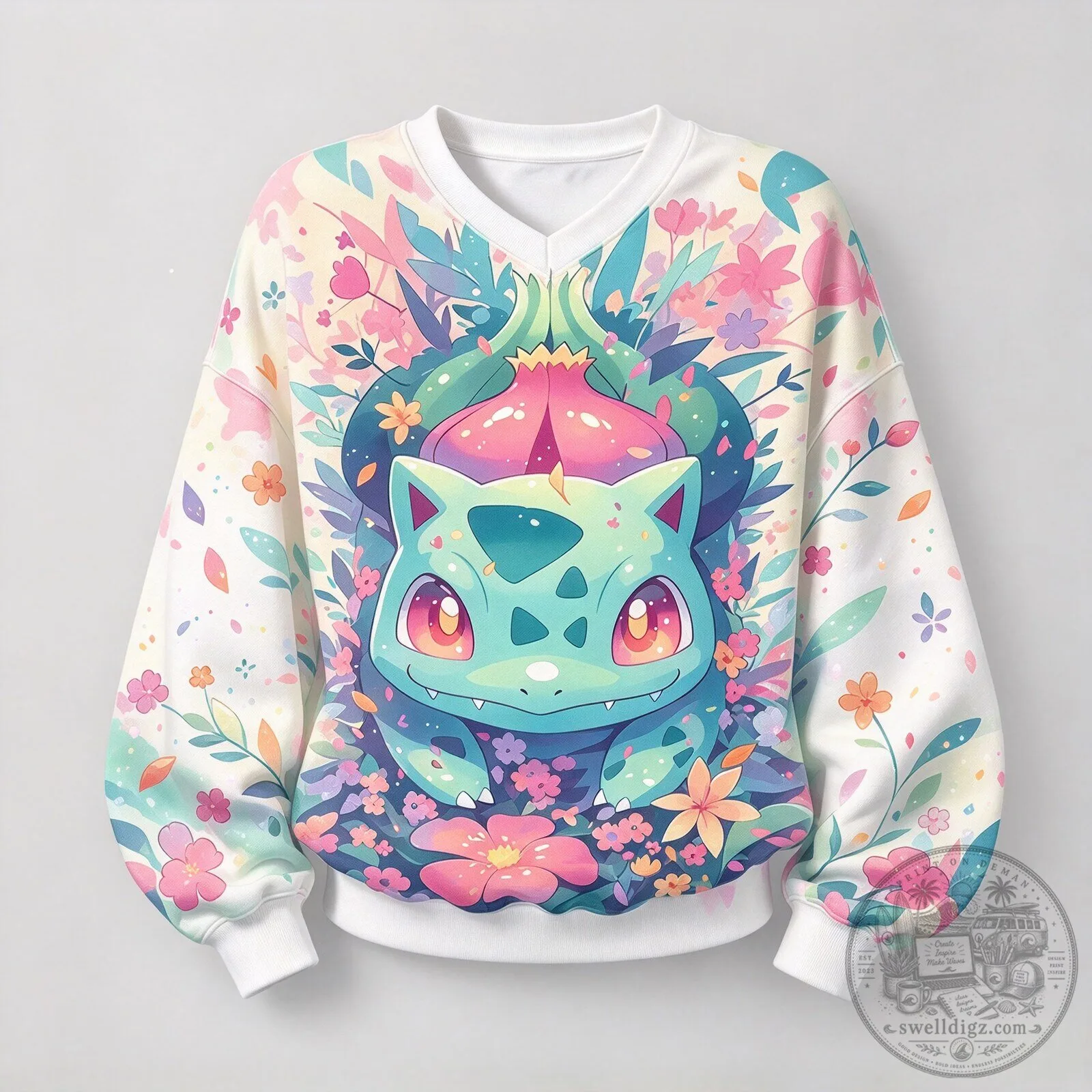Bulbasaur Pokemon Anime Kawaii Floral Print V-Neck Sweatshirt