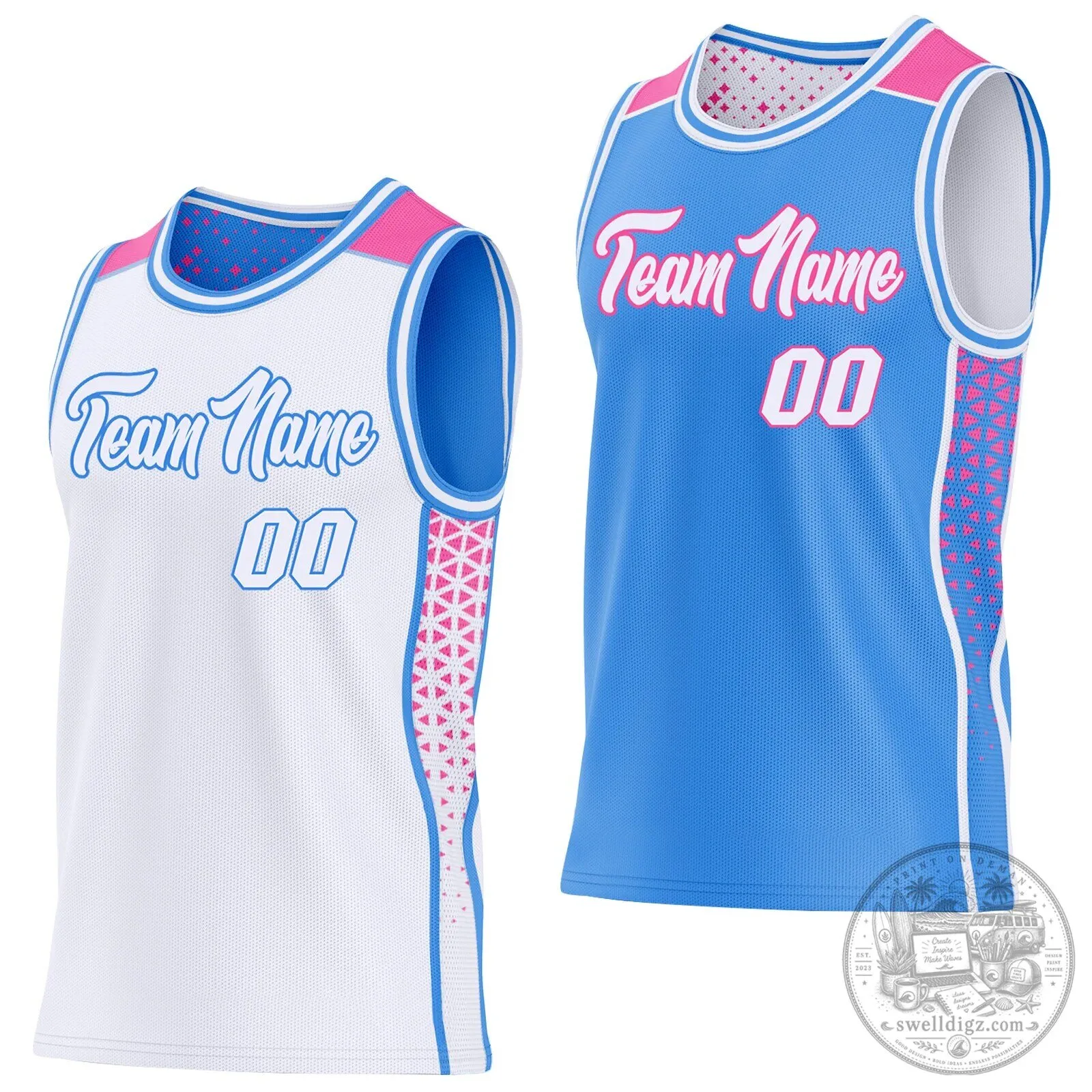 Custom Reversible Basketball Jersey with Pink and Blue Geometric Side Panels