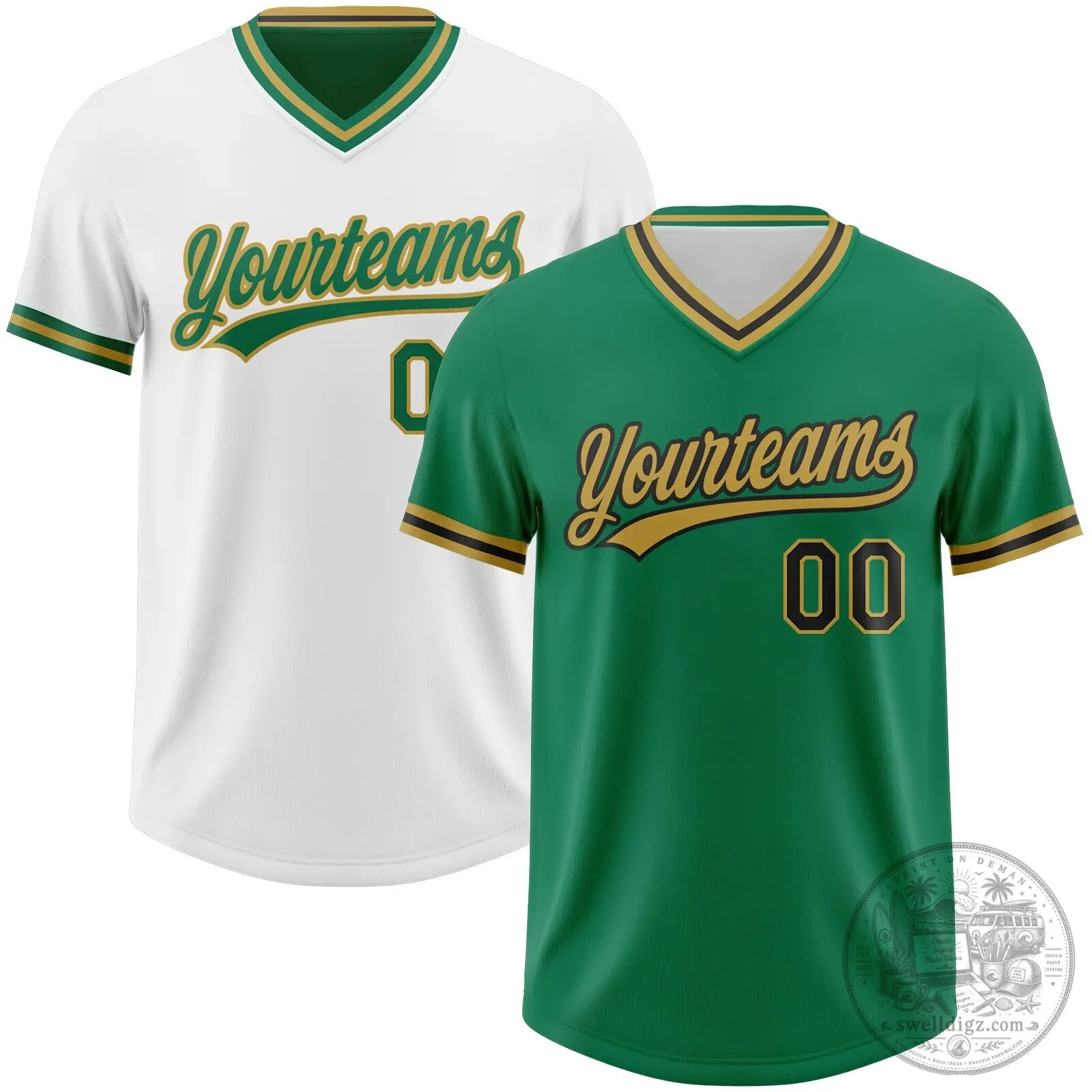Custom Kelly Green Black Old Gold Reversible Pullover Baseball Jersey