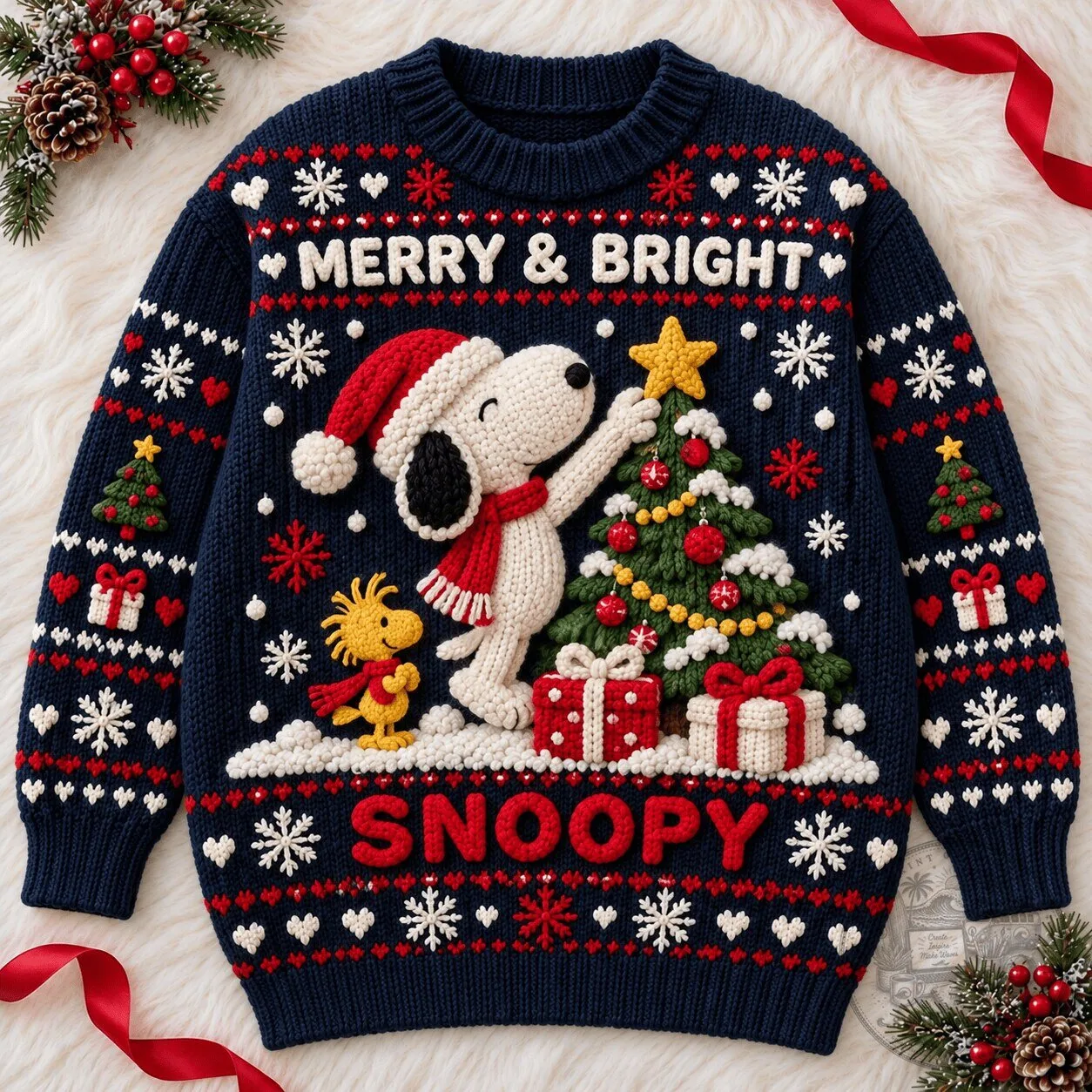 Snoopy Merry and Bright Christmas Holiday Knitted Crewneck Sweater